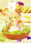  1girl blonde_hair braid dress flower fork glass green_eyes long_hair milk minigirl original parfait salad sitting smile solo tagme 