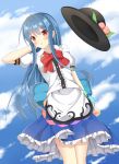 1girl blue_hair blue_sky blush clouds dress dutch_angle food frilled_dress frills fruit hand_behind_head hat hat_removed headwear_removed hinanawi_tenshi layered_dress leaf long_hair looking_at_viewer parted_lips peach puffy_short_sleeves puffy_sleeves red_eyes ribbon ro-ichi short_sleeves sky solo touhou wind