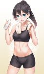  1girl bike_shorts black_hair blush bottle breasts green_eyes hair_ornament long_hair looking_at_viewer midriff navel open_mouth original ponytail ray-akila simple_background smile solo sports_bra sweat towel water_bottle 
