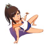  1girl bare_shoulders barefoot blush brown_hair foreshortening from_above i-401_(kantai_collection) kaburagi_yuki kantai_collection one-piece_swimsuit ponytail popsicle sailor_collar school_swimsuit simple_background solo swimsuit tongue tongue_out white_background 