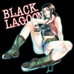  1girl absurdres amakara_neko armpit_holster bare_shoulders belt black_lagoon boots breasts brown_eyes brown_hair cigarette combat_boots copyright_name cross-laced_footwear denim denim_shorts grin highres holster lace-up_boots long_hair looking_at_viewer midriff ponytail revy_(black_lagoon) short_shorts shorts sitting smile smoking solo spread_legs tank_top thighs toned 