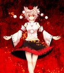  1girl animal_ears bare_shoulders breasts detached_sleeves hat highres inubashiri_momiji looking_at_viewer mokkei pom_pom_(clothes) red_eyes short_hair silver_hair smile solo tokin_hat touhou wolf_ears 