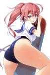 1girl blush hair_ribbon i-168_(kantai_collection) kantai_collection long_hair looking_at_viewer one-piece_swimsuit onow open_mouth ponytail red_eyes redhead ribbon school_swimsuit school_uniform serafuku solo swimsuit swimsuit_under_clothes torpedo 