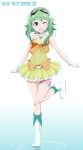  1girl absurdres blush boots character_name goggles goggles_on_head green_eyes green_hair gumi headset highres kyuu_pito leg_up long_hair one_eye_closed open_mouth short_hair skirt smile solo standing_on_one_leg vocaloid 