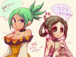  2girls aqua_hair bare_shoulders black_sclera blue_eyes breasts brown_hair bun_cover cerebella_(skullgirls) choker dark_skin detached_sleeves eyeshadow green_lipstick hair_bun hair_rings halterneck hokuto_(sonictokusetsu) large_breasts lipstick makeup multiple_girls no_hat off-shoulder_dress painwheel_(skullgirls) pout red_eyes short_ponytail sketch skullgirls small_breasts thought_bubble translation_request 