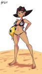  1girl ball barefoot beachball bigdead93 bikini breasts brown_hair earrings eyeshadow full_body goggles goggles_on_head green_eyes hand_on_hip highres jewelry kobun lowleg lowleg_bikini makeup navel rockman rockman_dash short_hair skull_print smile solo standing swimsuit tron_bonne 