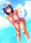  1girl arm_support ball beachball bikini blue_eyes blue_hair bracelet breasts cleavage earrings flower hair_flower hair_ornament jewelry large_breasts necklace ocean original short_hair sky smile solo striped striped_bikini striped_swimsuit swimsuit tan tanline water 