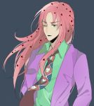  1boy black_lipstick cosplay diavolo formal jojo_no_kimyou_na_bouken kidosora kira_yoshikage kira_yoshikage_(cosplay) lipstick long_hair makeup necktie pink_hair solo suit 