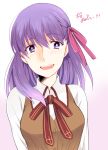  1girl blush fate/stay_night fate_(series) hair_ribbon long_hair matou_sakura purple_hair ribbon school_uniform solo suzuko_(star8383) violet_eyes 