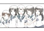  5girls ^_^ azuma_kyouta braid brown_eyes closed_eyes fubuki_(kantai_collection) grey_eyes grin hatsuyuki_(kantai_collection) heart isonami_(kantai_collection) kantai_collection long_hair looking_at_viewer low_twintails miyuki_(kantai_collection) multiple_girls open_mouth school_uniform serafuku shirayuki_(kantai_collection) skirt smile twin_braids twintails 