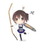  1girl airplane arrow arrow_in_head black_legwear bow_(weapon) brown_hair chibi flight_deck kaga_(kantai_collection) kantai_collection lowres muneate running short_hair side_ponytail simple_background slaughter_z solo standing_on_one_leg thigh-highs weapon white_background 