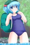  1girl backpack bag blue_eyes blue_hair blush breasts cabbie_hat collarbone forest glitter hair_bobbles hair_ornament hat highres kawashiro_nitori looking_at_viewer nature one-piece_swimsuit partially_submerged rock scenery school_swimsuit shimotsuki_keisuke short_hair short_twintails small_breasts solo standing swimsuit touhou tree twintails water 