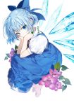 1girl barefoot blue_dress blue_hair bow cirno dress fairy_wings flower hair_bow ice ice_wings puffy_short_sleeves puffy_sleeves short_hair short_sleeves simple_background sukja touhou white_background wings 