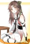  1girl bow brown_eyes brown_hair cushion detached_sleeves forehead_protector gloves hair_bow half_updo jintsuu_(kantai_collection) kantai_collection long_hair looking_at_viewer necktie seiza sitting slaughter_z solo table thigh-highs twitter_username white_gloves white_legwear yellow_eyes 