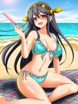  1girl beach bikini black_hair brown_eyes hairband haruna_(kantai_collection) kantai_collection long_hair mirisha popsicle swimsuit 