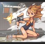  1girl arm_cannon blue_eyes brown_hair cyborg earrings firing gatling_gun gun jewelry nancou_(nankou) original sandals shell_casing short_hair sitting swimsuit toenail_polish vest weapon 