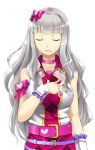  1girl breasts closed_eyes commentary_request heart highres idolmaster idolmaster_one_for_all long_hair maa-san_(dammerung) shijou_takane silver_hair simple_background solo white_background 