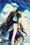  1girl arm_up bare_arms black_hair clouds dress green_eyes headphones long_hair looking_at_viewer original profile side_view sky solo suono 
