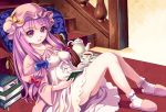  1girl book bow crescent_hair_ornament cup douji hair_bow hair_ornament hat long_hair patchouli_knowledge purple_hair sitting slippers solo tea teacup teapot touhou very_long_hair violet_eyes 