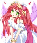  1girl bare_shoulders blush bow breasts cleavage collarbone detached_sleeves dress feathered_wings green_eyes hair_ornament hair_tubes heart heart_hair_ornament long_hair multiple_wings open_mouth pink_bow puffy_short_sleeves puffy_sleeves purple_wings puzzle_&amp;_dragons redhead sash short_sleeves simple_background smile solo tiara twintails venus_(p&amp;d) white_background white_dress wings yua_(togemaru) 