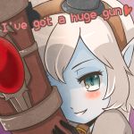  1girl blue_eyes blue_skin gloves goggles goggles_on_head gun heart league_of_legends looking_at_viewer pointy_ears short_hair solo stchi tristana weapon white_hair yordle 
