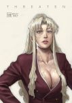  1girl azasuke balalaika_(black_lagoon) black_lagoon blonde_hair blue_eyes breasts cleavage collarbone cover cover_page doujin_cover formal hands_on_hips highres jacket large_breasts lips lipstick long_hair makeup mole nose payot ponytail realistic scar solo suit 