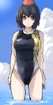  1girl alternate_costume black_hair blue_sky breasts clouds hat kamukamu large_breasts looking_at_viewer one-piece_swimsuit partially_submerged pointy_ears red_eyes shameimaru_aya short_hair sky sleeveless solo swimsuit tokin_hat touhou water wet 