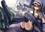 1girl assault_rifle breasts brown_eyes brown_hair gloves gun knee_pads looking_at_viewer midriff military_cap original rifle shoes short_hair shorts solo terabyte_(rook777) thigh-highs watch watch weapon 