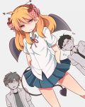  1girl 2boys :&lt; bow demon_tail demon_wings devil_horns gekkan_shoujo_nozaki-kun hair_bow hands_in_pockets highres mikanmochi mikoshiba_mikoto multiple_boys nozaki_umetarou orange_hair polka_dot_bow sakura_chiyo school_uniform sweatdrop tail violet_eyes wings 