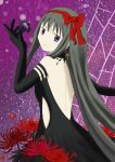  1girl absurdres akemi_homura akuma_homura bare_shoulders black_gloves black_hair bow choker dark_orb_(madoka_magica) dress elbow_gloves flower from_behind gloves hair_bow highres jewelry long_hair looking_at_viewer looking_back mahou_shoujo_madoka_magica mahou_shoujo_madoka_magica_movie simple_background single_earring solo spider_lily spoilers violet_eyes 