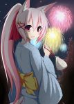  1girl animal_ears blush fireworks fox_ears japanese_clothes kazamatsuri_kazari kimono long_hair mizuki_(kogetsu-tei) original pink_hair smile solo tail 