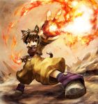  1girl animal_ears brown_hair cat_ears cat_tail commentary_request dragon_quest_dai_no_daibouken fire higashi orange_eyes solo tail 