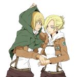  1boy 1girl annie_leonhardt armin_arlert belt blonde_hair blue_eyes commentary_request jacket kaika shingeki_no_kyojin short_hair simple_background uniform white_background 