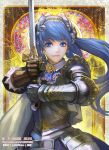  1girl armor blue_eyes blue_hair cape earrings female gauntlets gloves jewelry knight leather_gloves lips long_hair original ponytail smile solo sword weapon xiaji 