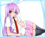  1girl animal_ears arm_support black_legwear dress_shirt hand_on_own_face long_hair looking_at_viewer lying necktie on_floor on_side pleated_skirt purple_hair rabbit_ears red_eyes red_necktie reisen_udongein_inaba shirt short_sleeves skirt smile solo thigh-highs touhou white_shirt yukina_(masyumaro610) 