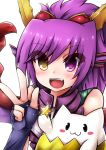  1girl :3 :d bare_shoulders blush blush_stickers bodysuit bust dragon_girl dragon_horns dragon_wings eggshell fang fingerless_gloves gloves head_fins hetero highres horns long_hair open_mouth purple_gloves purple_hair puzzle_&amp;_dragons samoore simple_background smile solo sonia_(p&amp;d) star tamadra v violet_eyes white_background wings yellow_eyes 