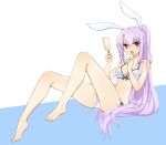  1girl alternate_hairstyle animal_ears bare_shoulders bikini breasts food ice_cream legs legs_up long_hair looking_at_viewer lying on_floor open_mouth ponytail purple_hair rabbit_ears red_eyes reisen_udongein_inaba swimsuit tongue tongue_out touhou very_long_hair yukina_(masyumaro610) 