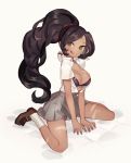 1girl :q alternate_costume black_hair blush bra breasts cleavage dark_skin green_eyes grey_skirt gwayo league_of_legends long_hair nidalee open_clothes open_shirt ponytail shirt shoes short_sleeves sitting skirt smile socks solo tongue tongue_out underwear white_shirt 
