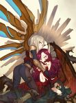  2girls angel barefoot blush bodysuit boots dress frown gloves green_eyes grey_hair gwayo high_heels highres hug kayle league_of_legends long_hair mechanical_wings morgana multiple_girls navel pointy_ears purple_hair red_dress siblings sisters thorns wings 