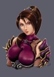  1girl absurdres armor bodysuit breasts brown_hair bust eyeshadow fishnets green_eyes grey_background highres large_breasts lips long_hair makeup maltoniko ninja nose ponytail solo soulcalibur spaulders taki_(soulcalibur) 