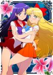  2girls adapted_costume alternate_color bishoujo_senshi_sailor_moon blonde_hair blush bow choker earrings flower hair_bow highres hug jewelry lipstick long_hair looking_at_viewer magical_girl makeup multiple_girls nail_polish ofuton_zeb purple_hair sailor_mars sailor_venus skirt tiara violet_eyes yellow_eyes 