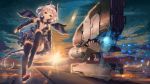  1girl aircraft black_legwear blonde_hair blush breasts cleavage clouds dress fangxiang_cuoluan green_eyes headgear highres lens_flare looking_at_viewer mecha_musume mechanical_wings navel open_clothes original short_hair sky small_breasts smile solo tail thigh-highs wings 