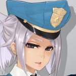  1girl black_eyes caooll close-up face hat league_of_legends looking_at_viewer police_hat riven_(league_of_legends) short_hair silver_hair smile solo 