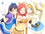  3girls animal_ears ayase_eli bare_shoulders belt blonde_hair blue_eyes blue_hair blush bow detached_collar dress fake_animal_ears fang fingerless_gloves fox_tail frills gloves leopard_print leopard_tail long_hair looking_at_viewer love_live!_school_idol_project midriff mippii108 multiple_girls nishikino_maki one_eye_closed open_mouth polka_dot ponytail rabbit_ears redhead see-through short_hair skirt smile sonoda_umi tail violet_eyes wrist_cuffs yellow_eyes 