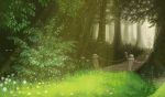  1girl absurdres bride broom forest forest_of_magic grass hat highres huge_filesize kirisame_marisa light_particles nature plant scenery silhouette sunlight touhou tree u-joe witch witch_hat 