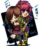  2girls brown_hair caitlyn_(league_of_legends) chibi closed_eyes fingerless_gloves gloves goggles goggles_on_head league_of_legends multiple_girls no_hat open_mouth otani_(kota12ro08) pink_hair struggling sweatdrop thigh_strap vi_(league_of_legends) violet_eyes 