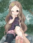  1girl aoba_kokona blush brown_hair feet foot_massage hair_ornament hairclip highres long_hair massage open_mouth soles solo_focus takeda_yukimura yama_no_susume 