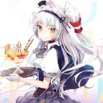  1girl adapted_costume amatsukaze_(kantai_collection) ascot brown_eyes capelet corset food gloves hair_tubes ice_cream kantai_collection long_hair maid_headdress puffy_short_sleeves puffy_sleeves reika_(clovia_studio) shirt short_sleeves silver_hair skirt smile solo sundae tray two_side_up very_long_hair waitress white_gloves 