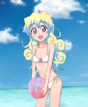  +_+ 1girl ball beach beachball bikini blue_sky clouds front-tie_top long_hair multicolored_hair navel nia_teppelin side-tie_bikini sky smile solo supinosu swimsuit tengen_toppa_gurren_lagann two-tone_hair water white_bikini white_swimsuit 