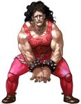  1boy black_hair bracelet chain curly_hair hugo_andore jewelry long_hair muscle orushibu pink solo spiked_bracelet spikes street_fighter street_fighter_iii tank_top 